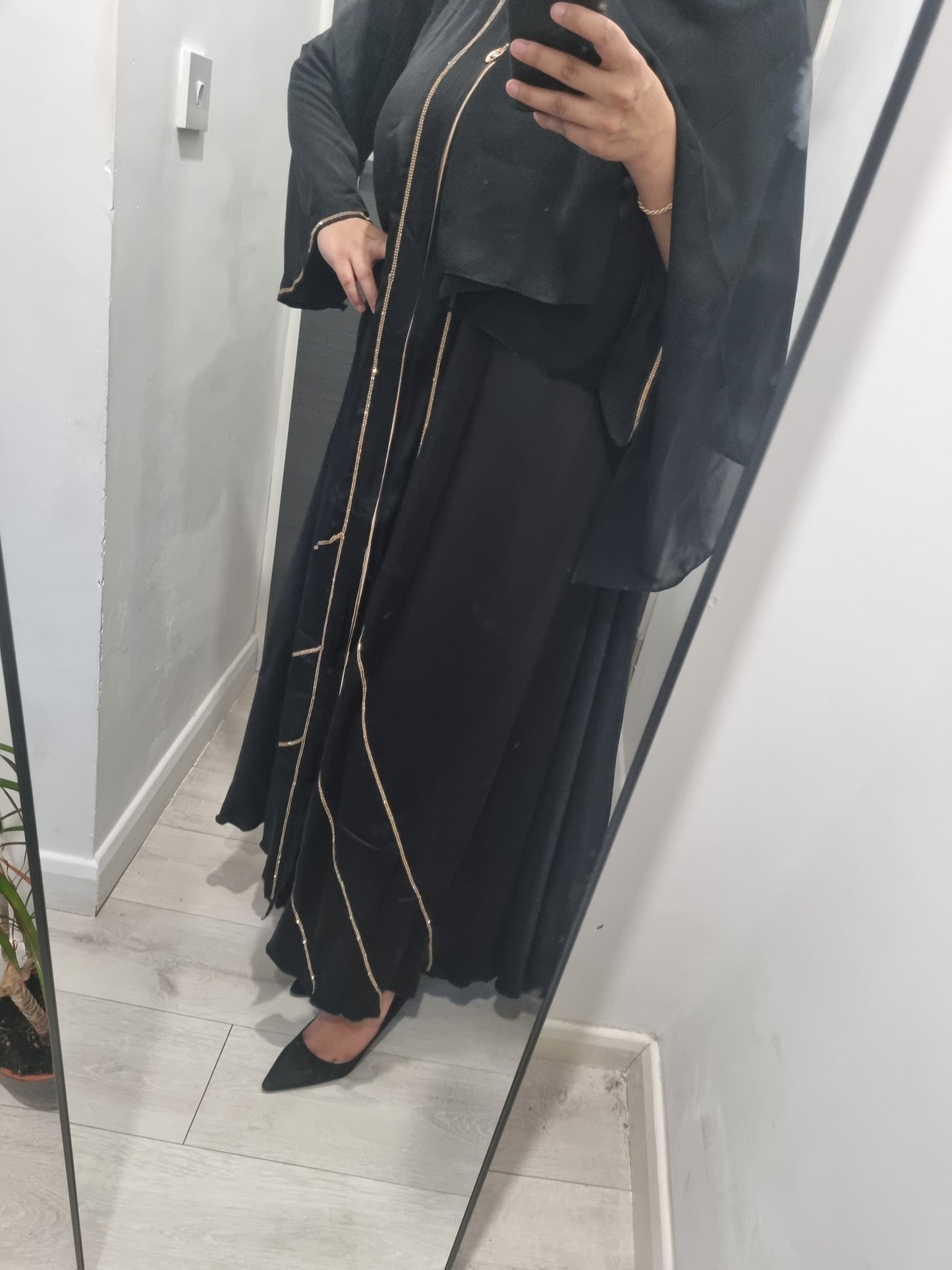 LAYLA - Black & Gold Embellished Abaya with zip, hijab and belt.