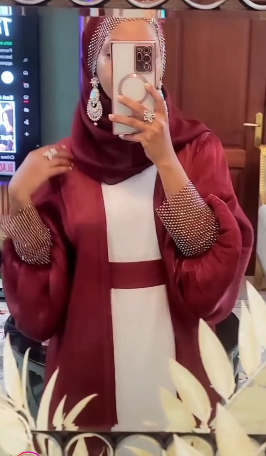 Luxury Burgandy Organza Occasion Abaya Set