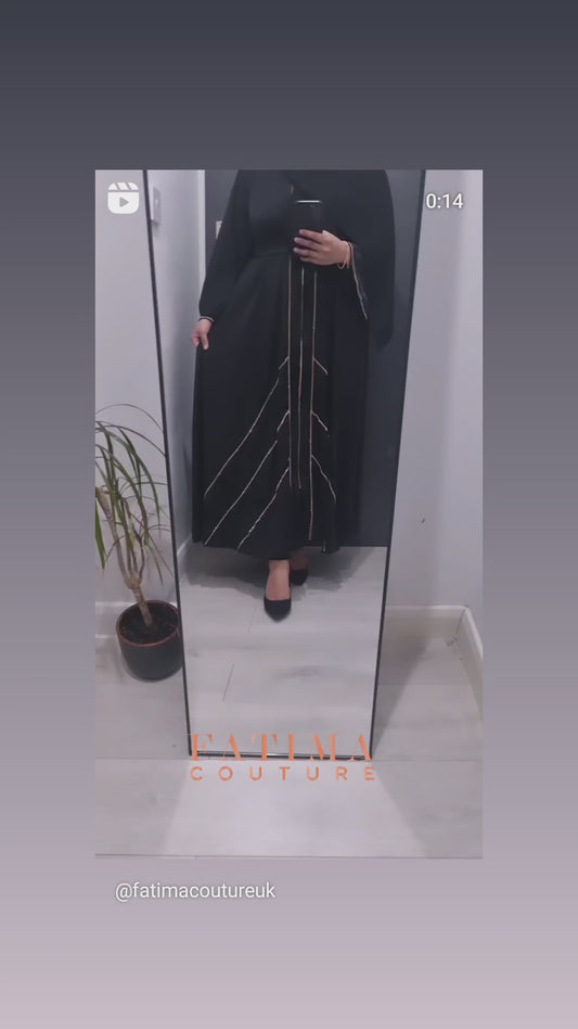 Black & Gold Embellished Abaya with zip, hijab and belt.