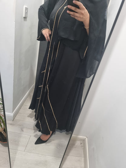 Black & Gold Embellished Abaya with zip, hijab and belt.